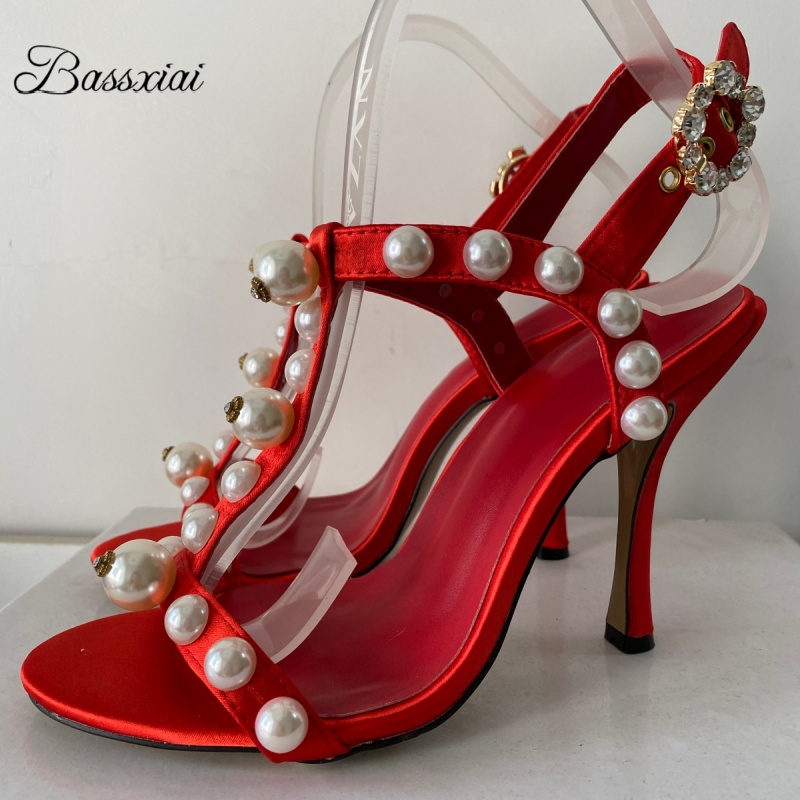 Sandal Strappy Heeled - Perlenperlen-Dekor, T-Riemen, Stiletto-Absatz, Sandalen für Damen,